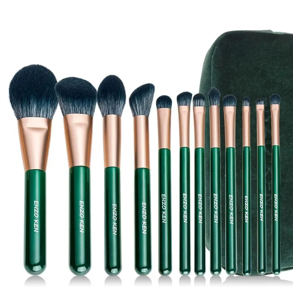 Luxury Enzo Ken 9pcs Professional Green Cosmetic Makeup Brushes Set With Case